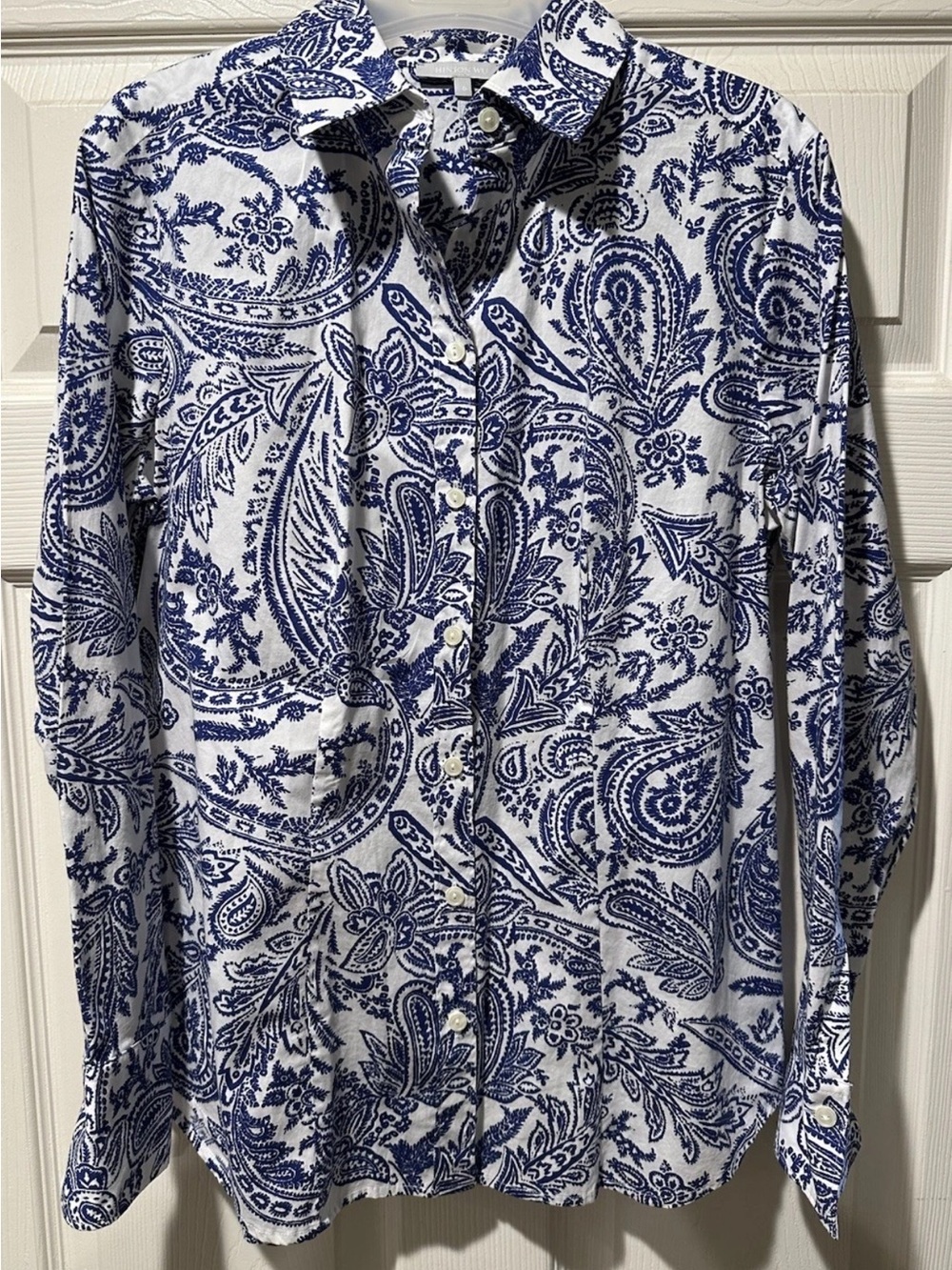 Hinson Wu Blouse Women’s 6 Blue White Paisley Button Front Stretch Cotton Shirt